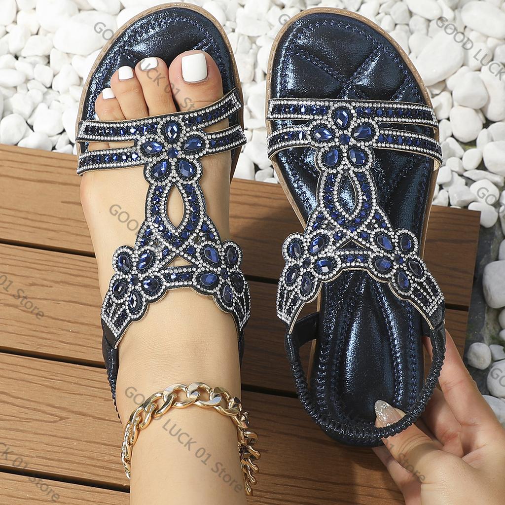 Fashion Women Flat Rhinestone Sandals Bohemian Sandals 2025 Summer New Non Slip BeachElastic Low Heels Roman Sandals Sandalias Mujer