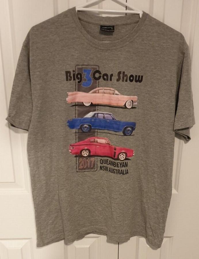 

BIG 3 CAR SHOW Australia 2017 GM Ford amp Mopar TShirt Colour Grey Size Large. Unisex T-Shirt S