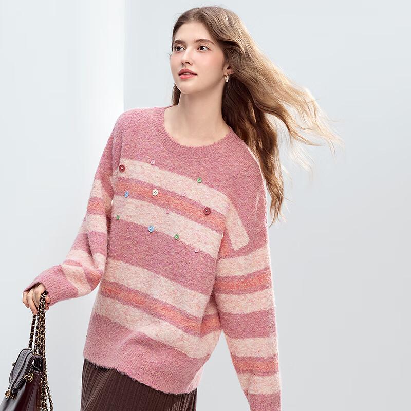 Betu Women's Striped Drop-Shoulder Sweater with Colorful Buttons