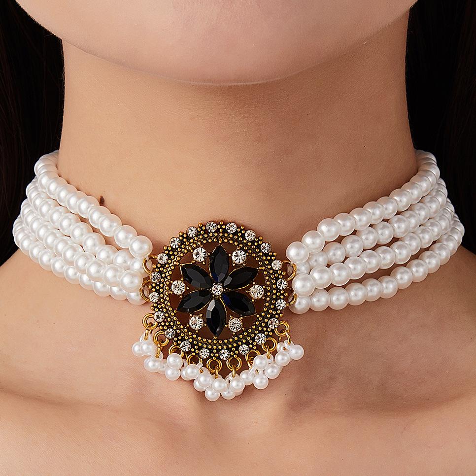 Crystal Rhinestone Pearl Necklace Vintage Court Style Multi - Layer Layered Choker for Women