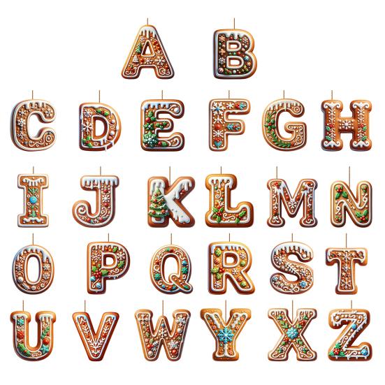 1/26Pcs Gingerbread Alphabet Ornaments 26 Initial Letter Candy Cane Pendant with Berries Pattern Mini Monogram