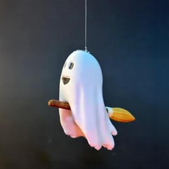 Halloween Ghost Figurine Cute Small Ghost Riding Broom Statue Mini Plastic Ghost Halloween Tabletop Decor for Tiered Tray Bookshelf Desk Decor