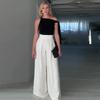 Damen Einfarbiges Asymmetrisches Oberteil & High Waist Weite Hosen Sommer Set, 2024