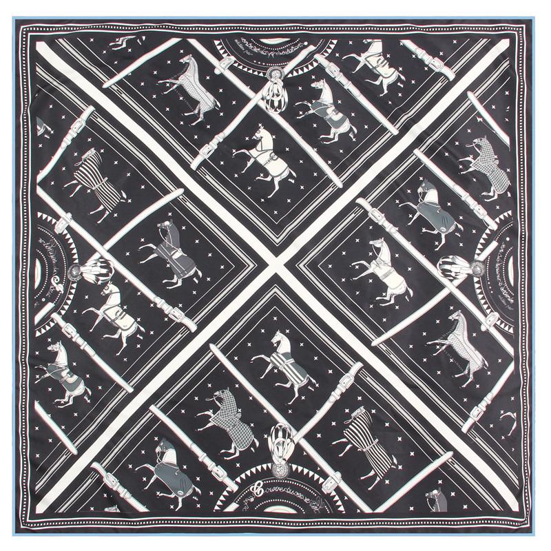 POBING Manual Hand Rolled Twill Silk Scarf Women Horse Plaid Square Scarves Echarpes Foulards Femme Wrap Bandana Hijab 90CM
