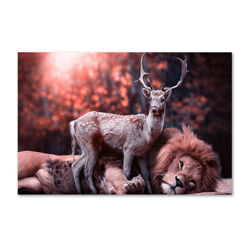Docile Lion and Deer On the Canvas Painting Modern Animals Posters Prints Wall Art Pictures for Living Room Decoration Cuadros