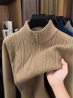 Men's Mid-Age Chunky Knit Half-Zip Stand Collar Winter Base Layer Sweater