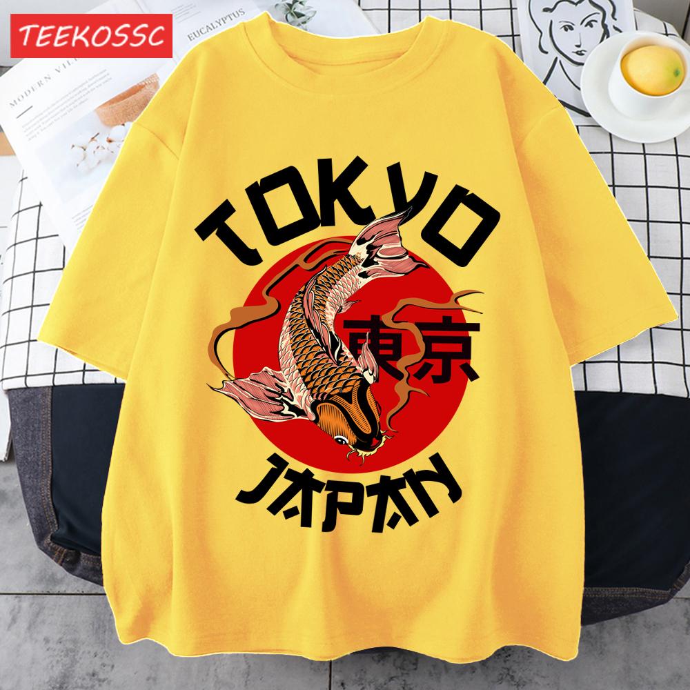 Harajuku Tokyo Japan Koi Fish Print Men T Shirts Hip Hop ONeck TShirt Soft Cotton Male Sportswear Casual Comfortable Clothes
