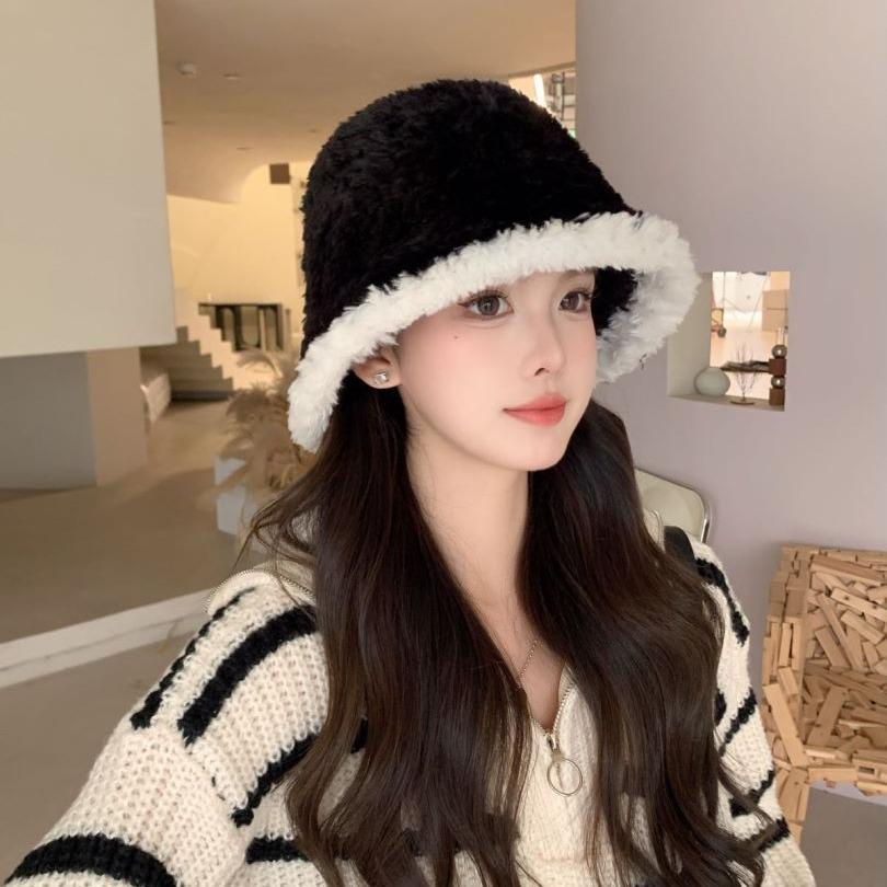 Autumn and winter hat women's plush bucket hat women's face small knitted basin hat winter warm bucket hat