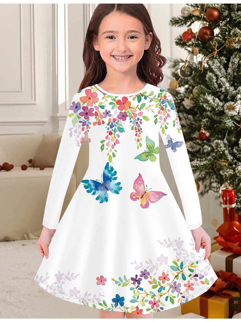 Robe d'automne et d'hiver pour filles, Imprimé papillon 3D Col rond Manches longues Robe T-shirt pour enfants, Décontractée Polyvalente, Vêtements de Noël