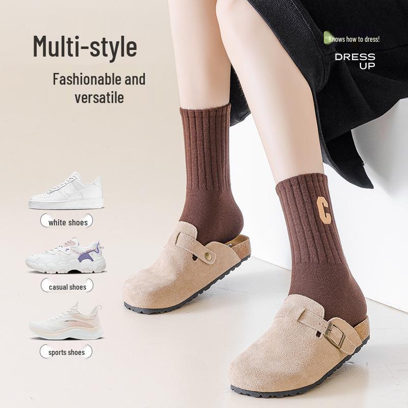 Women's Mid-calf Sweat-wicking Cotton Socks with Trendy Embroidered C Letter - Autumn/Winter Collection