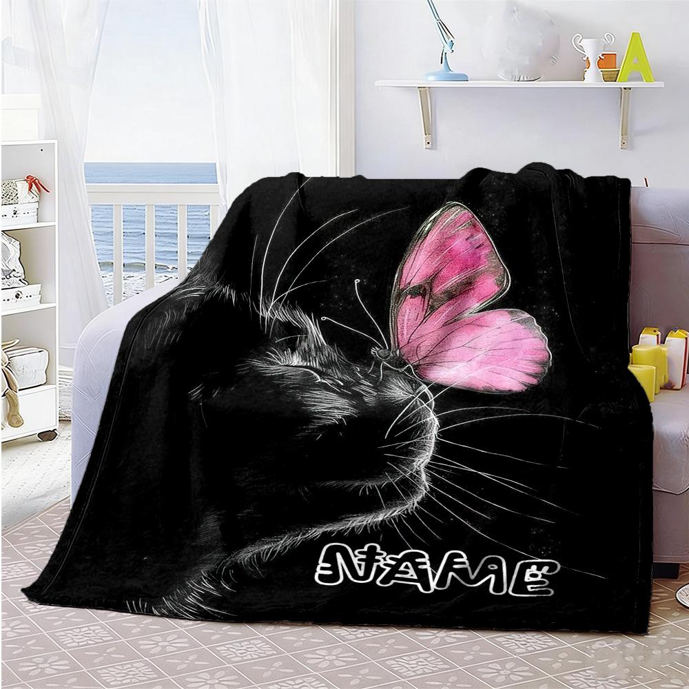 Black Cat Butterfly Personalized Text Blanket Gift Customizable Blanket Comfortable Perfect for Living Room Nap Office Chair Sofa Ideal for All Season