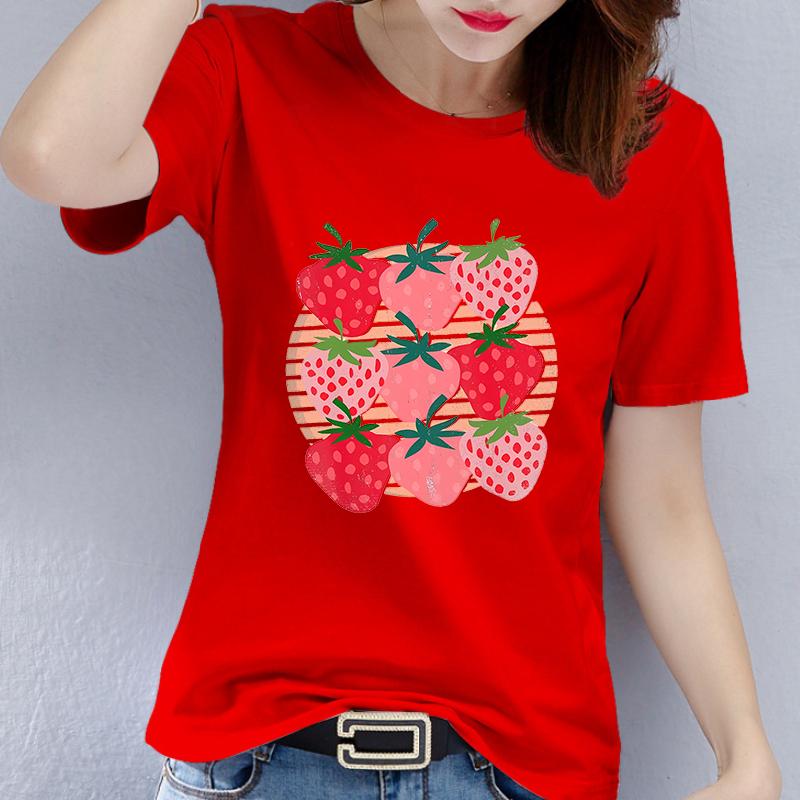 

Летний тренд Круглый вырез Повседневный Американский Уличный Хип-хоп Харадзюку Тренд Принт Клубники Короткий рукав Футболка Харадзюку S