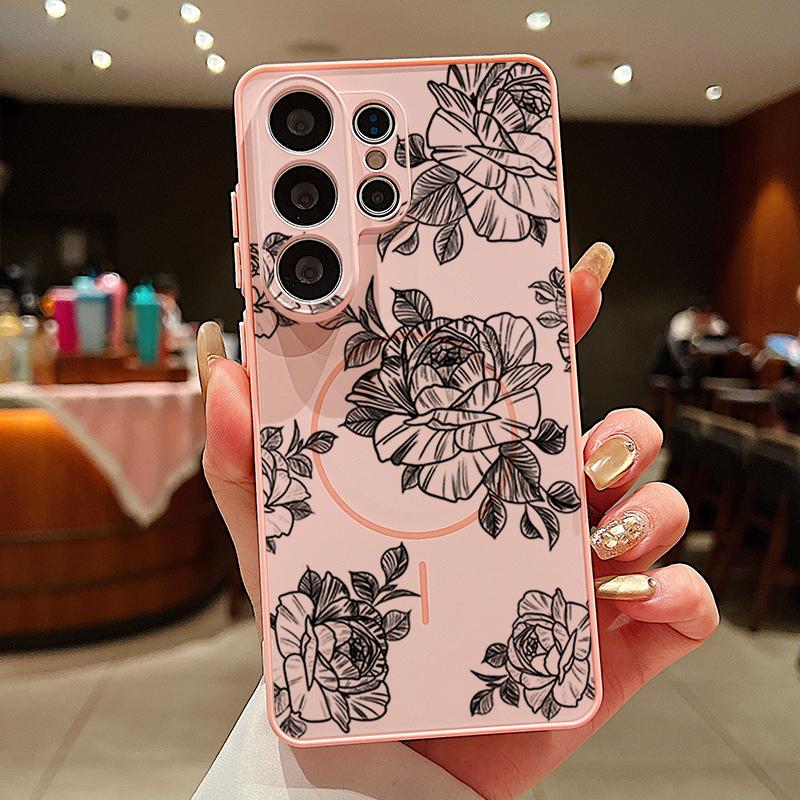 Magnetic For Magsafe Case For Samsung Galaxy S26 Ultra S25 Edge S24 Plus S23 FE S22 A54 A55 A56 5G Sketching Rose Flower Pattern Matte Cover