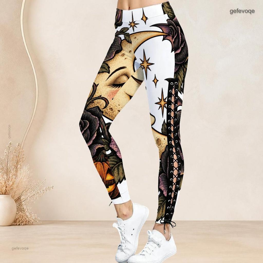 Women Plus Size High Waist Printed Side Eyelet Lace Up Full Length Leggings