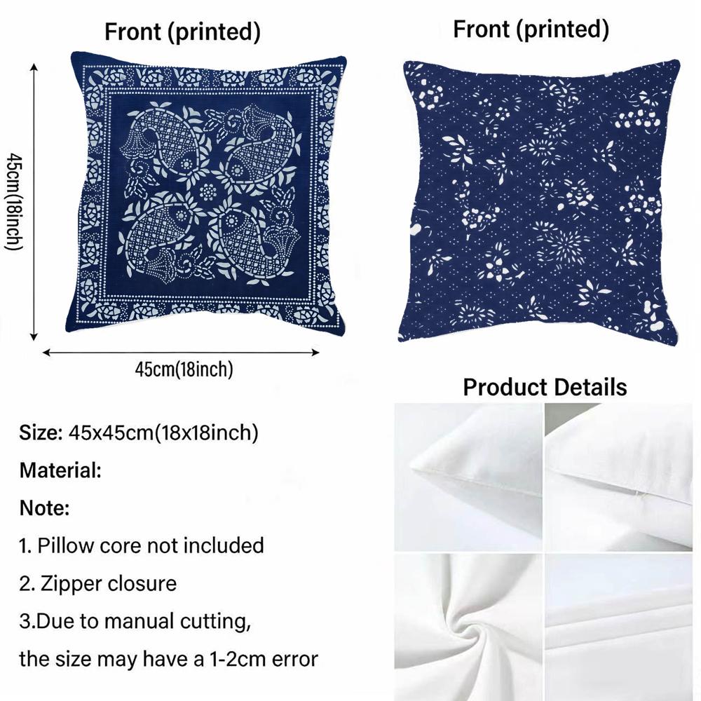 B-Blue Calico Cushion Cover Cushion Cover Pillowcase, Anti-Mite Invisible Zipper, Linen Sofa Cushion