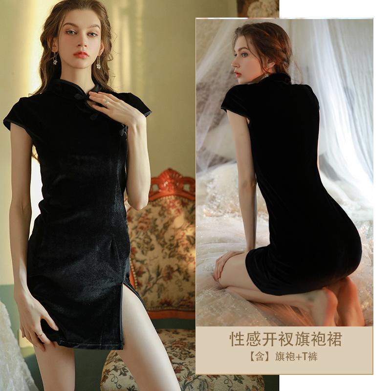 

High split cheongsam sexy pajamas nightgown pure desire style high sense velvet fun lingerie women s products One size fits all