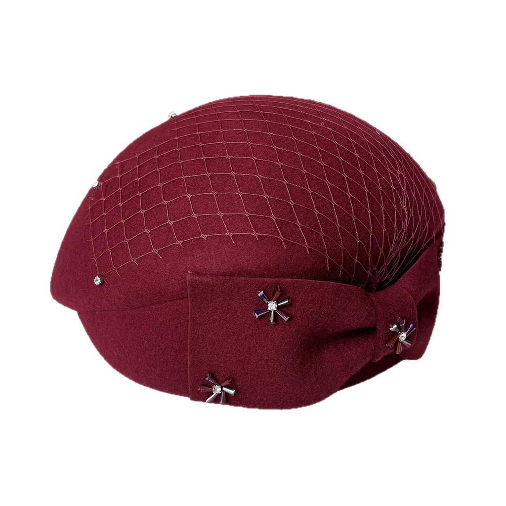 European And American Temperament Wool Beret Women'S Bow Mesh Rhinestone Stewardess Hat Elegant Styling Felt Top Hat