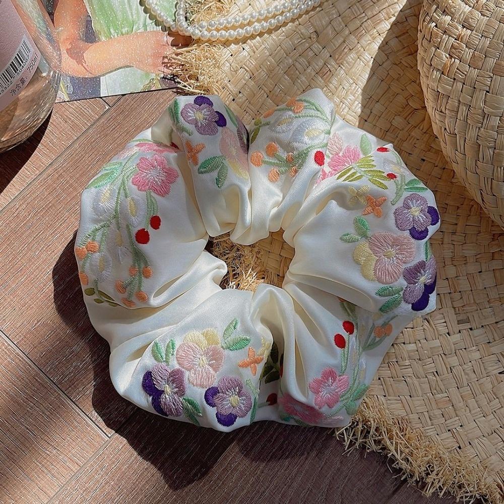 French Style Floral Scrunchies Satin Hair Ropes Temperament Embroidery Hair Scrunchies  Daily
