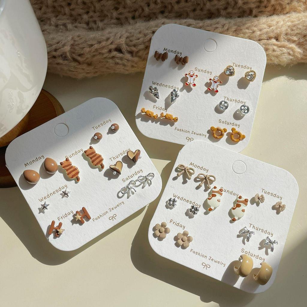 Herbst/Winter Maillard Farbe Katze Ohrringe Set: 7-teiliges Silbernadel-Design für Frauen