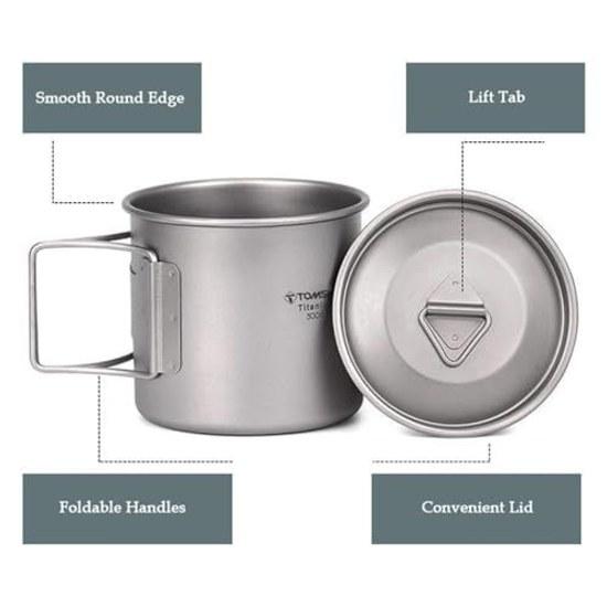 TOMSHOO Camping Titanium Pot Outdoor Mug Lid Coffee Cup Foldable Handle Hiking Travelling Backpacking Open Fire