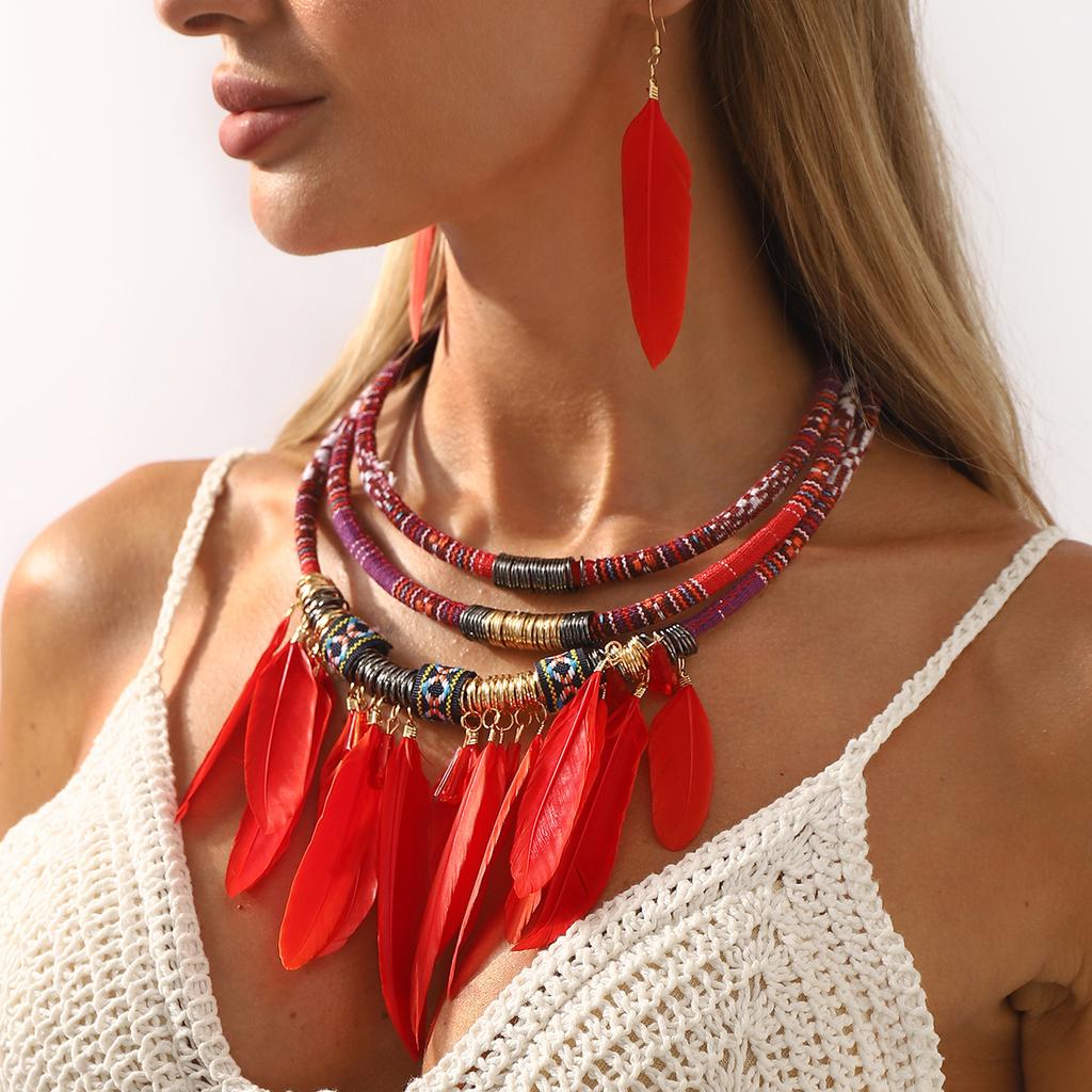 Ethnic Style Retro Exaggerated Fringed Feather Earrings Multi-layer Necklace Hand-woven Rope Jewelry Set Women
