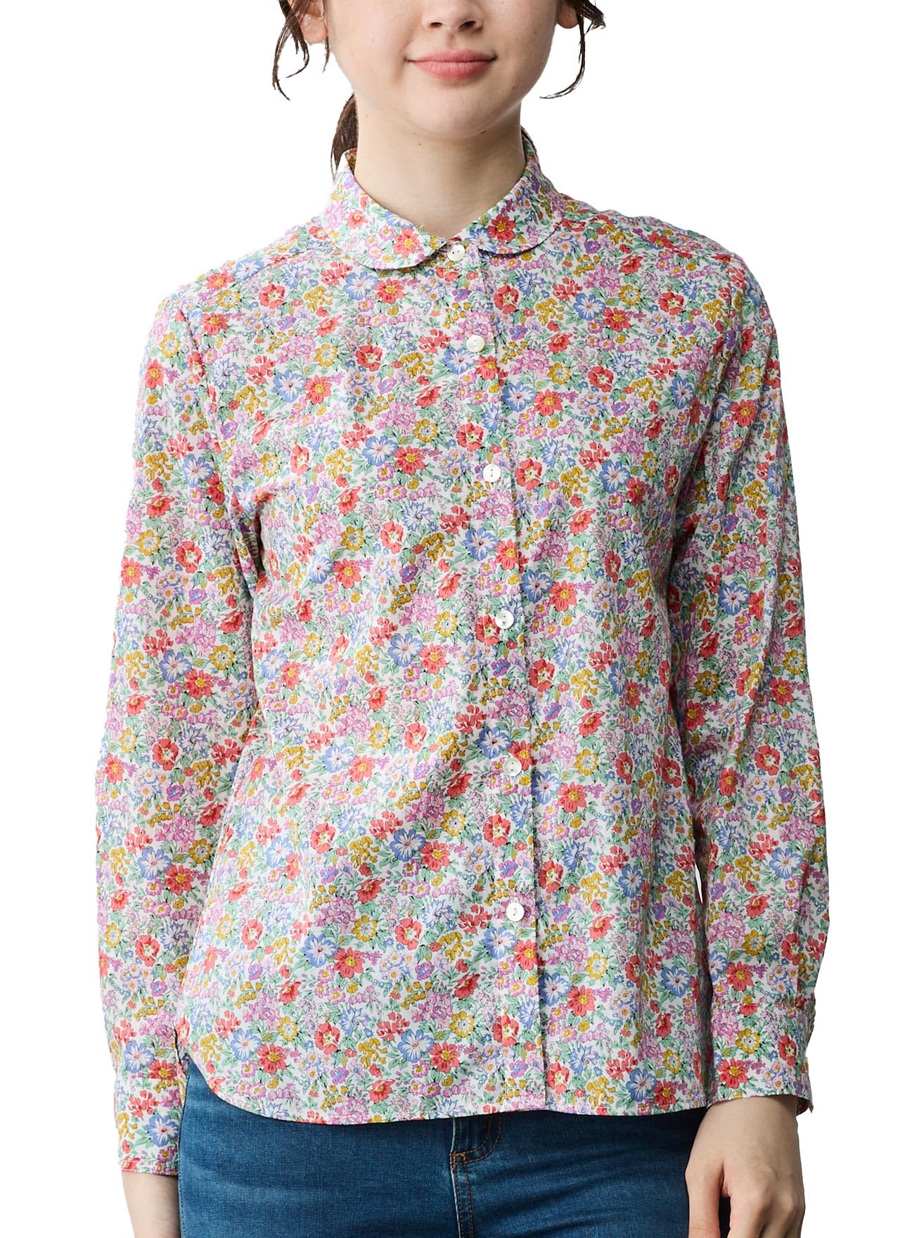 

920 Сделано в Японии Рубашка Блузка Топ с круглым воротником Liberty Длинный рукав Tana Lawn B Белый x Красный Мелкий цветочный [ИСП] Женский (М, Узор)