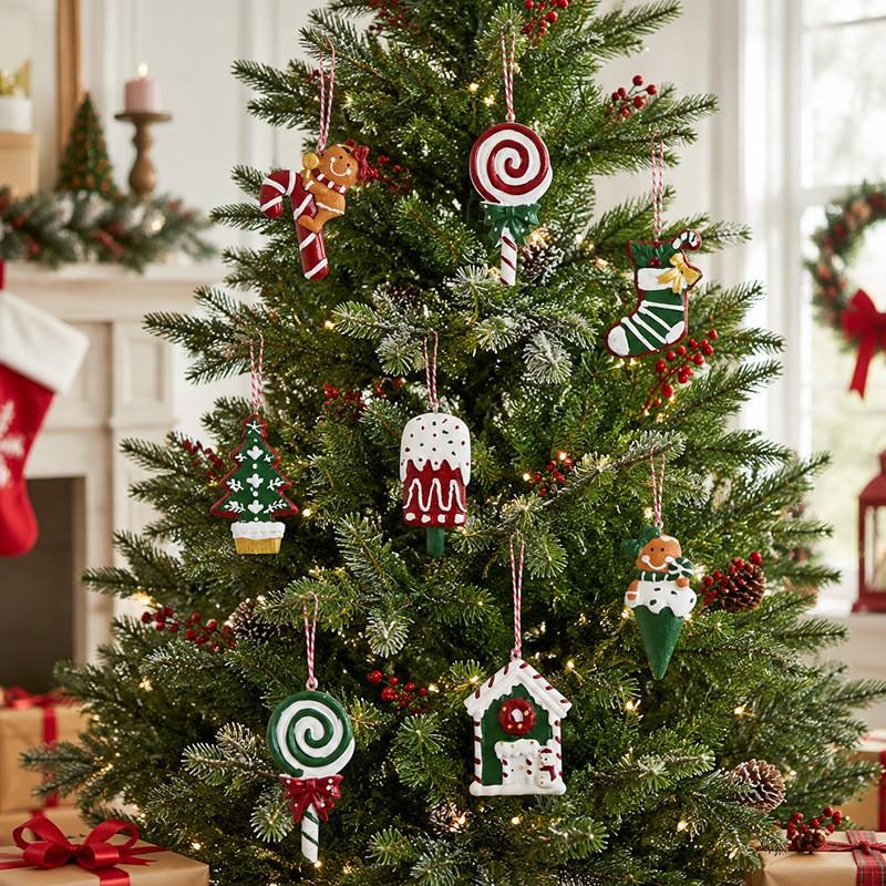 Christmas Decorations Set Resin Hanging Ornaments Candy Cane Tree Sock Snow Cone House Wreath Hotel Mall Party