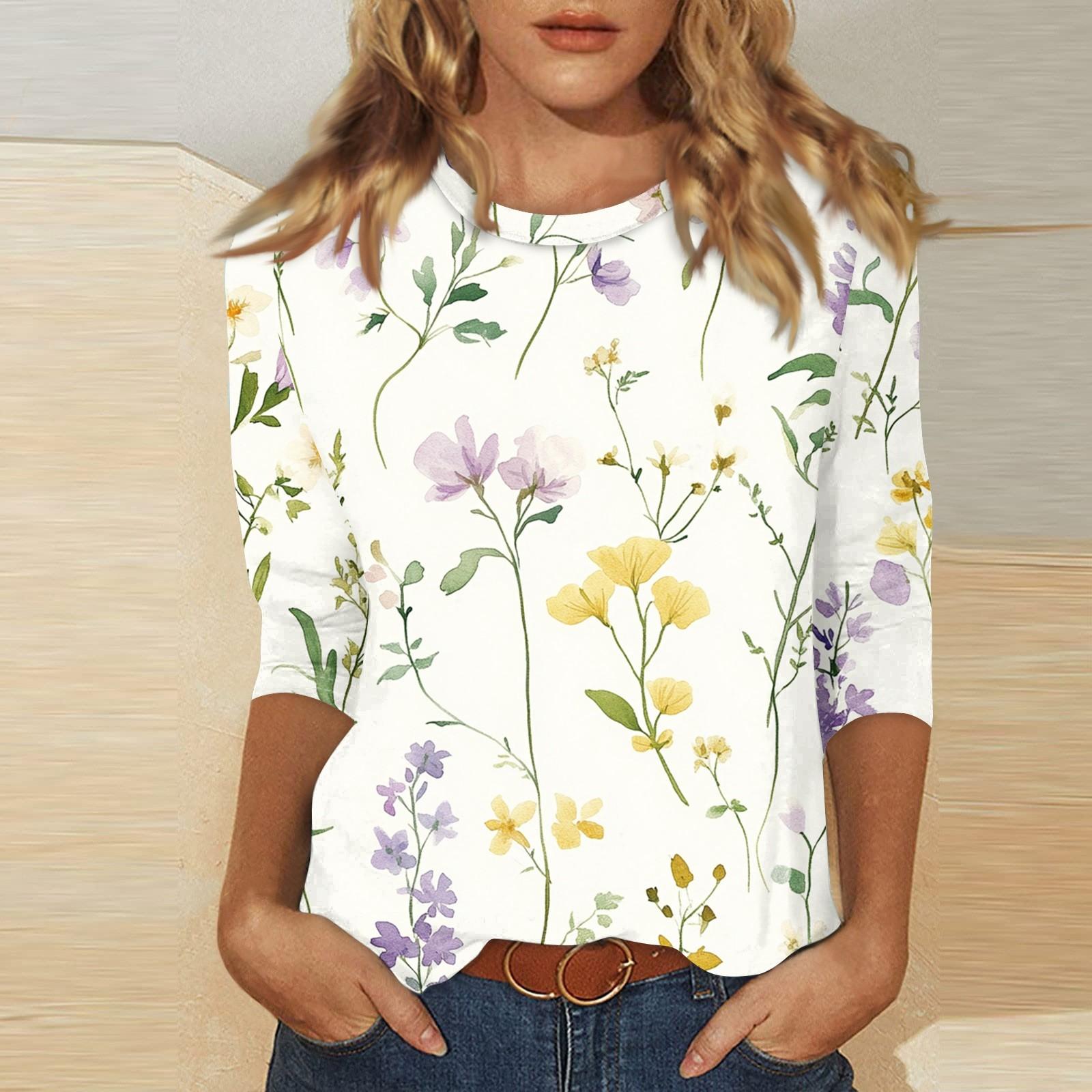 

Women s O-neck 3/4 Sleeve Print Top M бежевый