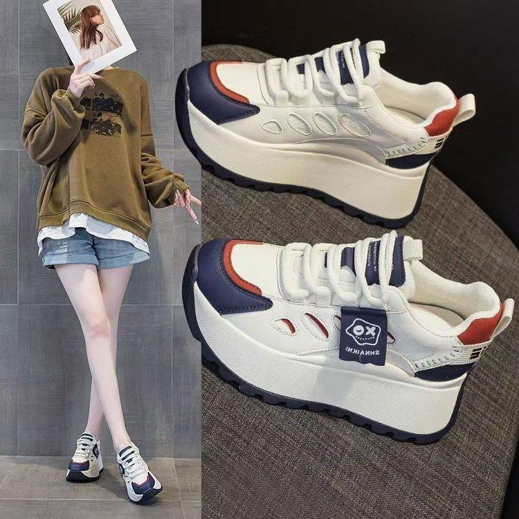 7CM heightening color matching platform dad shoes for women 2025 autumn new fashion versatile lace-up soft leather casual shoes for women