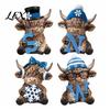 Elegant Seasonal Ornament 4Pcs Christmas Highland Cow Figurine, Winter Blue Yak Statues with Snowflakes Xmas Unique Room Accent Hats, Farmhouse