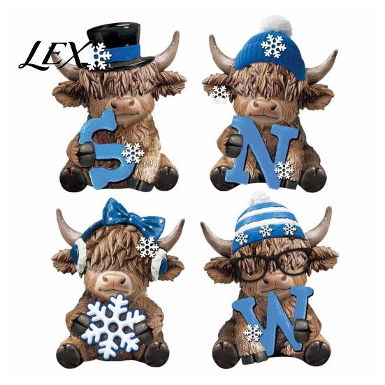 Elegant Seasonal Ornament 4Pcs Christmas Highland Cow Figurine, Winter Blue Yak Statues with Snowflakes Xmas Unique Room Accent Hats, Farmhouse