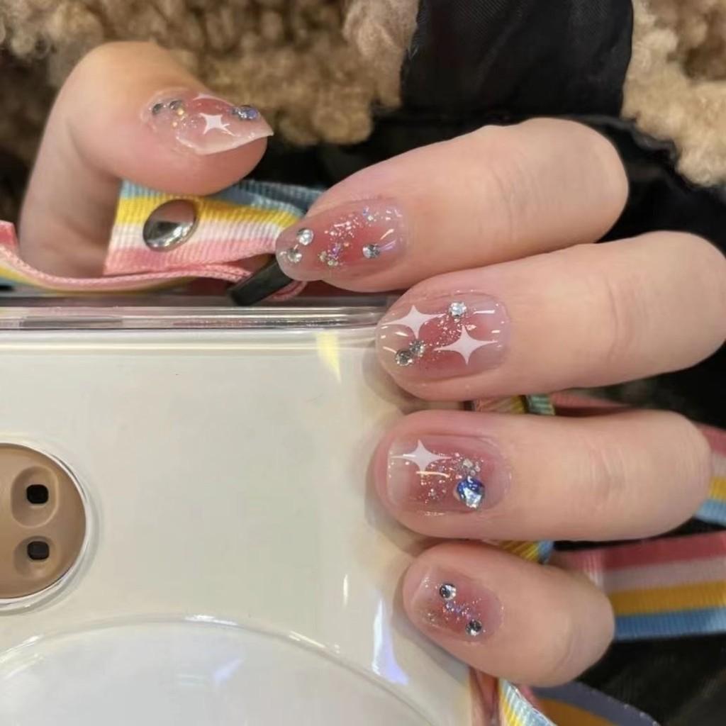 Brightening And Detachable Artificial Nail Stickers For Students Short Medium Long With Rhinestones