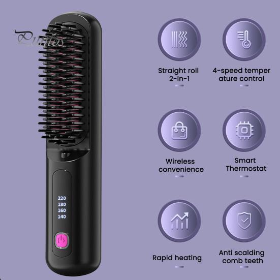 Nano-ceramic Hair Brush Cordless Straightener with 3 Temperature Settings Portable Mini Travel Straightening Comb Rechargeable Fast Heating