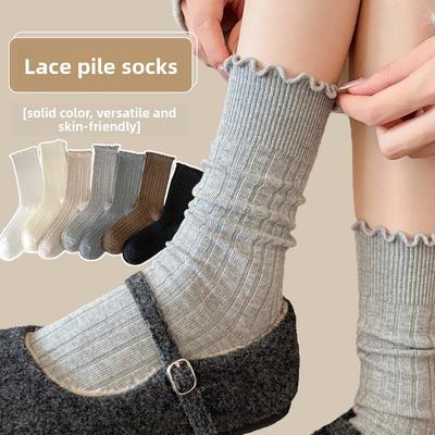 Kousen met Kant voor Dames in Herfst en Winter, Warm Katoen, Halve Kuit, Hoge Kuit, Pluche Sokken, Effen Kleuren, Veelzijdig