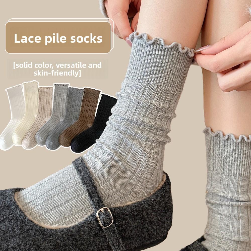 Lace Socks for Women in Autumn and Winter, Mid-calf Warm Cotton Socks, High-calf Pile Socks, Solid Colors, Versatile