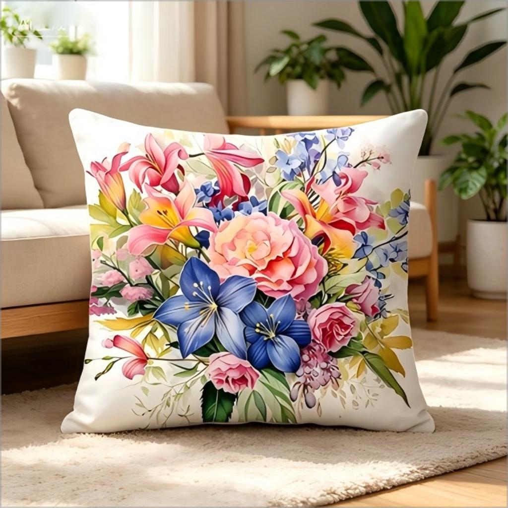 1 Stück Aquarell-Blumenmuster Kissenbezug, Zweiseitiger Botanischer Blumenkissenbezug für Heimdekoration