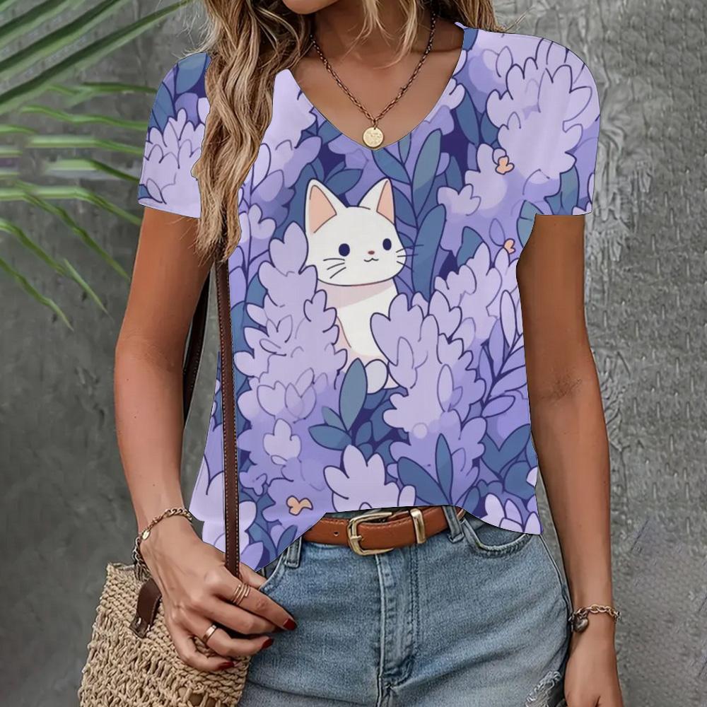 Women's T-shirt Casual Loose  Clothing Cat Pattern Top Summer New Fashion V-neck