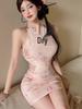Retro Print Sexy Halter Qipao Dress - Slim Fit with Open Back & Short Skirt