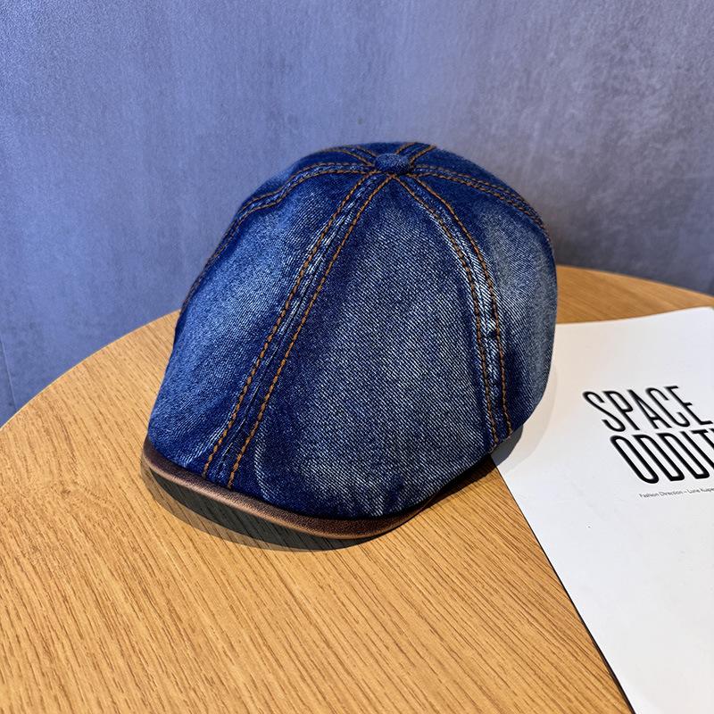 New Washed Old Retro Denim Splicing Octagonal Hat Literary Small Fresh Fashion Painter Hat Tide