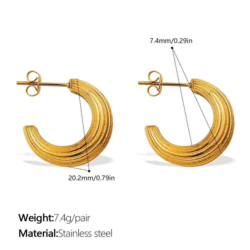 Hong Kong Style Retro Niche Design Striped C-Shaped Earrings Stainless Steel Gold-Plated Fashionable Versatile Simple Earrings