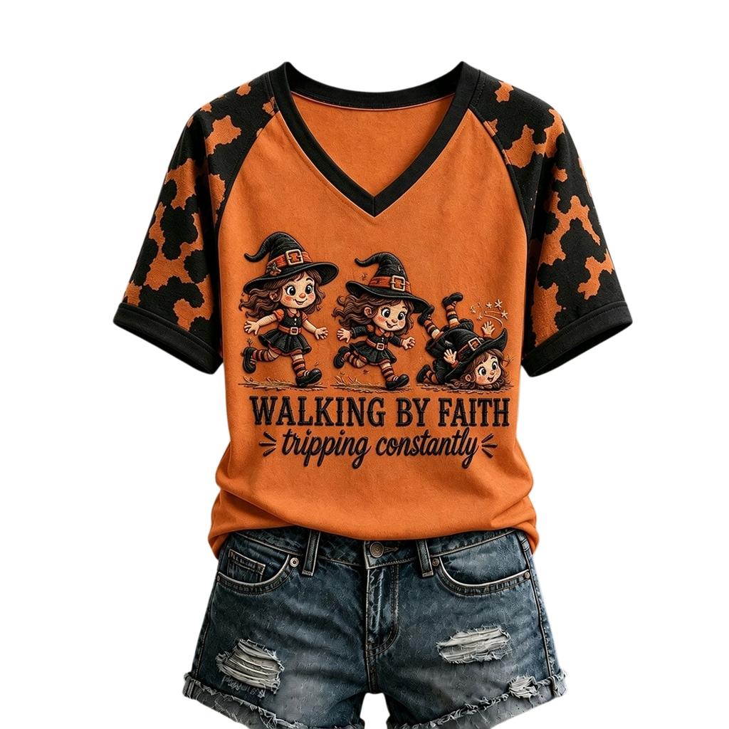 Women's V-Neck Short Sleeve Raglan Halloween Print T-Shirt