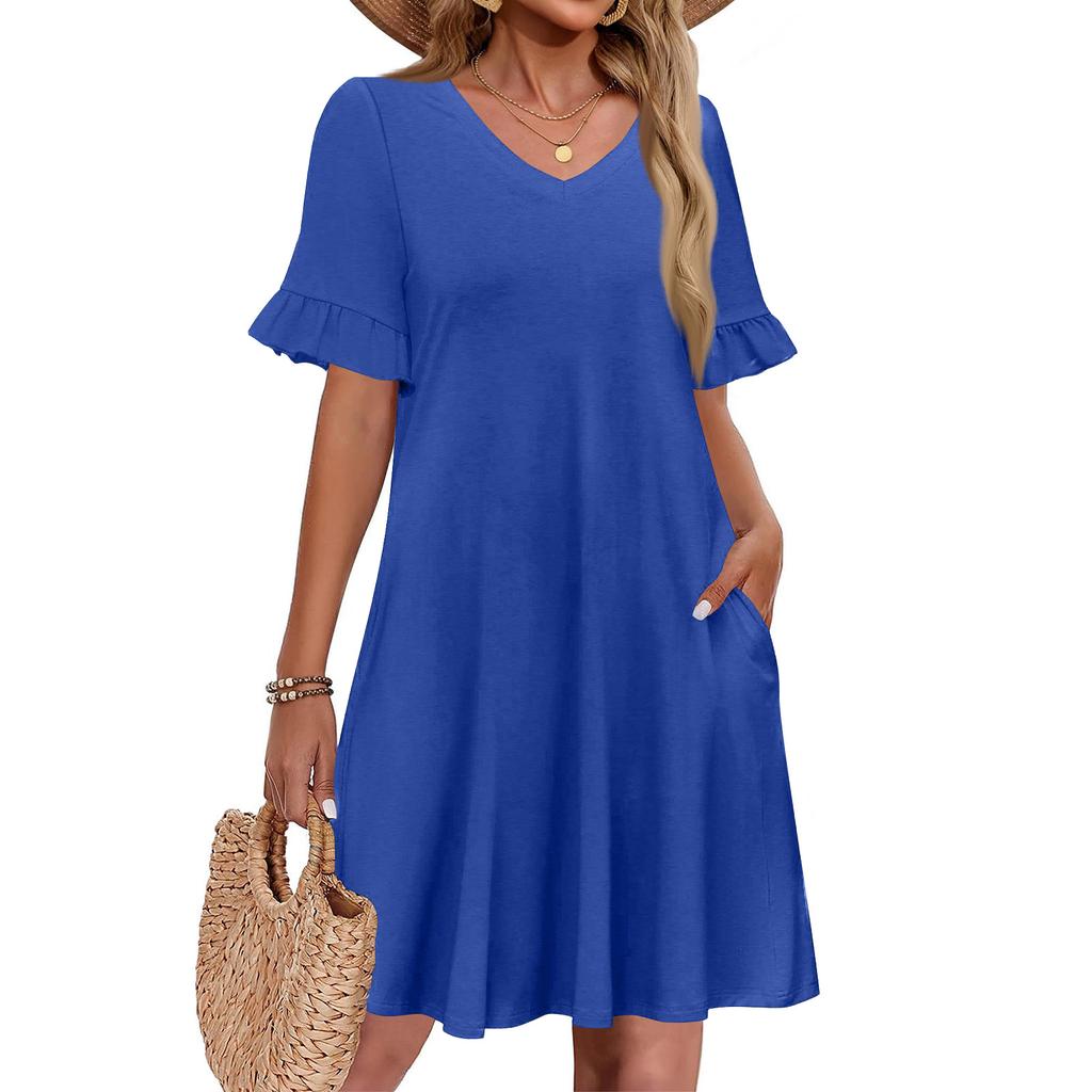 Women A Line Sun Dress Short Sleeve V Neck Dress With Pockets
