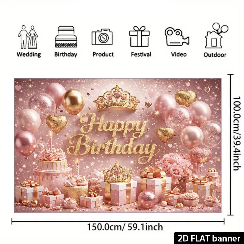 2D flat flour gold crown birthday party backdrop fabric - double crowns and multi-layer cake theme