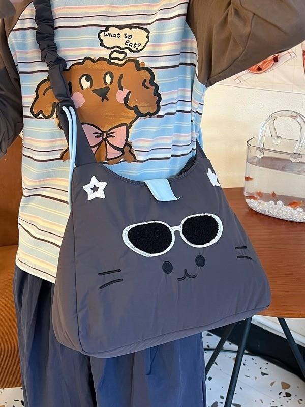 Korean Style Embroidered Cat Shoulder Bag With Nylon Material For Casual Daily Use