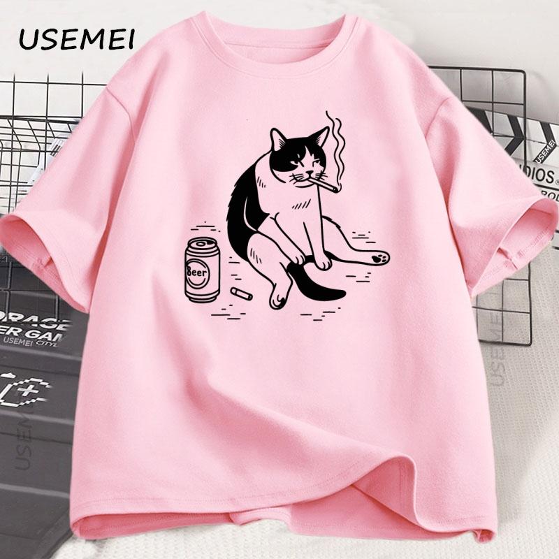 Funny Smoking Cat Meme Tshirt Unisex Cigarette Joke T Shirt Casual Stupid Brainrot Cat Lover Tshirt Humor Kitty Tee Male Clothes