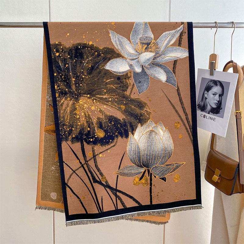

Luxury Winter Lotus Cashmere Scarves High Quality Women Thicken Wrap Shawl Ladies Warm Wool Pashmina Oil Painting Besign Scarf зелений