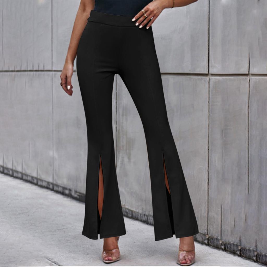 Women's Fashion Color Hem Split High Waist Casual Flare Pants
