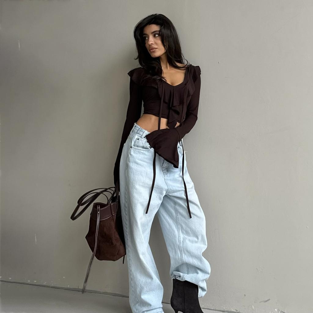 2025 Autumn New Collection, Solid Color, Ruffle Edge, Knitted Shirt, Women's Wear, Short Style, Sexy and Spicy Girl, Fashionable V-neck Top