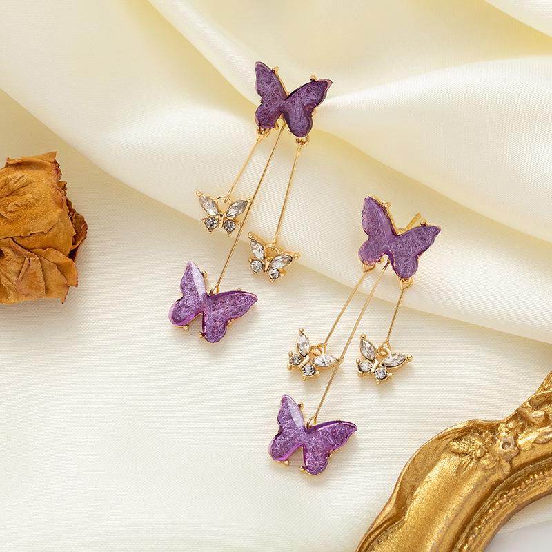 Korean-Style Purple Butterfly Silver Needle Earrings: Lightweight, Sweet, Long Drop Earrings for Women