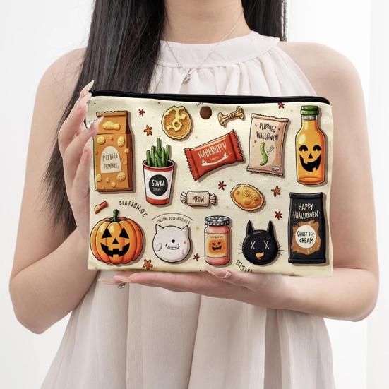Digital Print Pouch Halloween Theme Cosmetic Bag, Durable Canvas Zipper Makeup Pouch, Storage Bag Portable for Stationery And Daily Cute Organizer